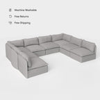Sectionnel U modulable pour extérieur, 8 places, avec extrémités ouvertes, en toile classique gris pierre, lavable.