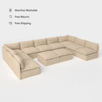 Salon modulable d'extérieur 9 places avec pieds décalés en forme de U + pouf ottomalin lavable | Alfresco Boucle en couleur Noisette