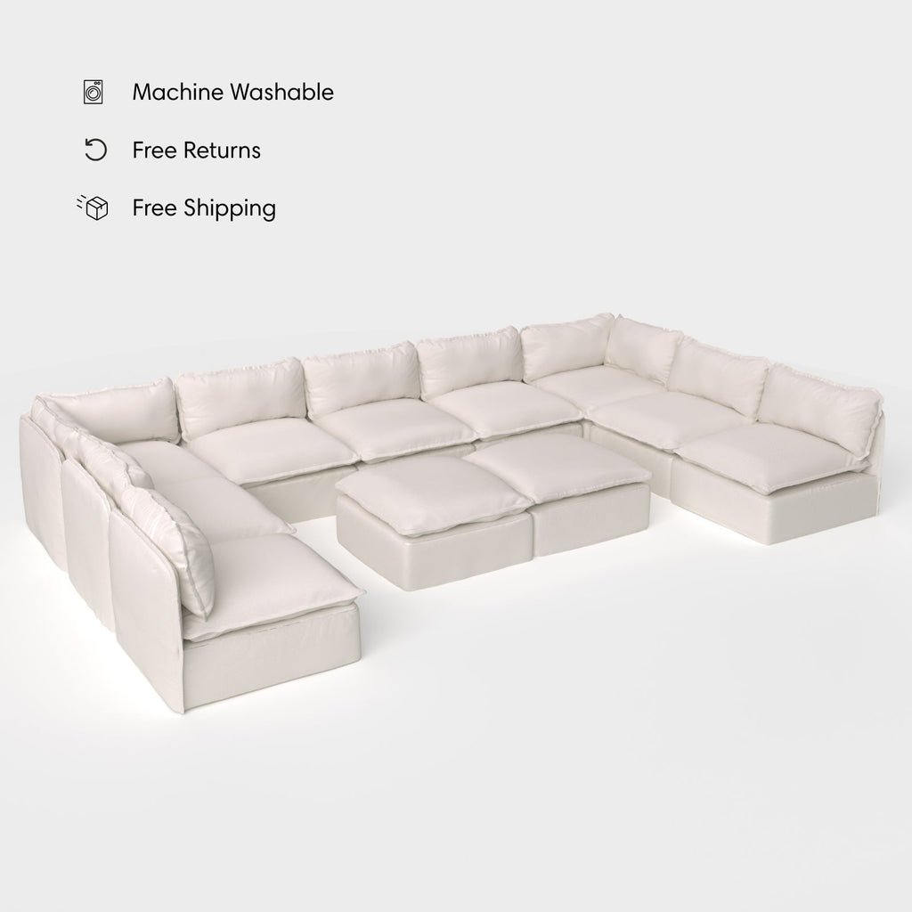 Salon d'extérieur modulable lavable en forme de U avec 9 places assises, extrémités ouvertes + pouf ottomane | Tissu Nano Slubweave couleur Chai