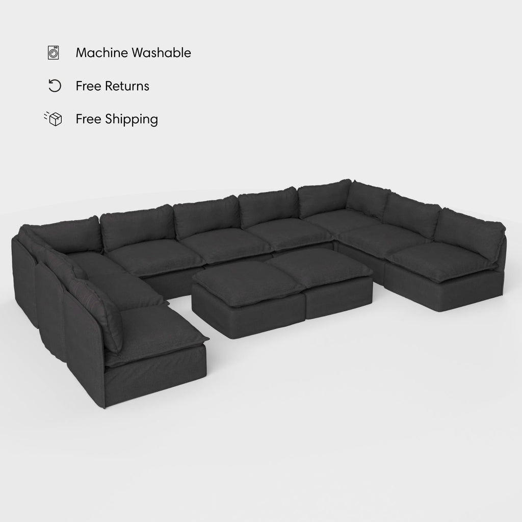 Salon modulable d'extérieur 9 places avec pieds décalés en forme de U + pouf ottomane | Toile classique en anthracite, lavable
