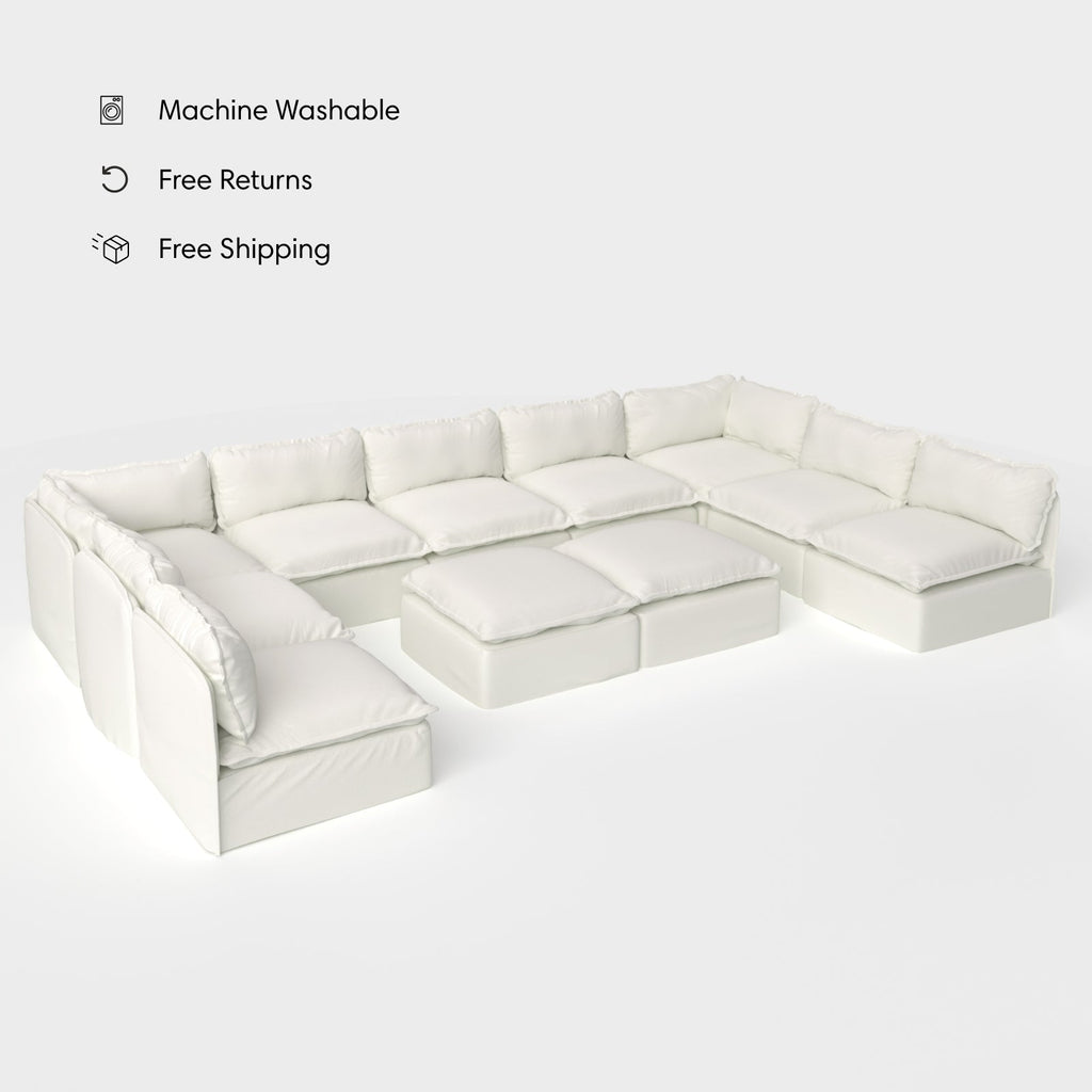 Salon d'extérieur modulable 9 places avec bouts ouverts en forme de U + pouf ottomalin | Toile classique couleur nuage