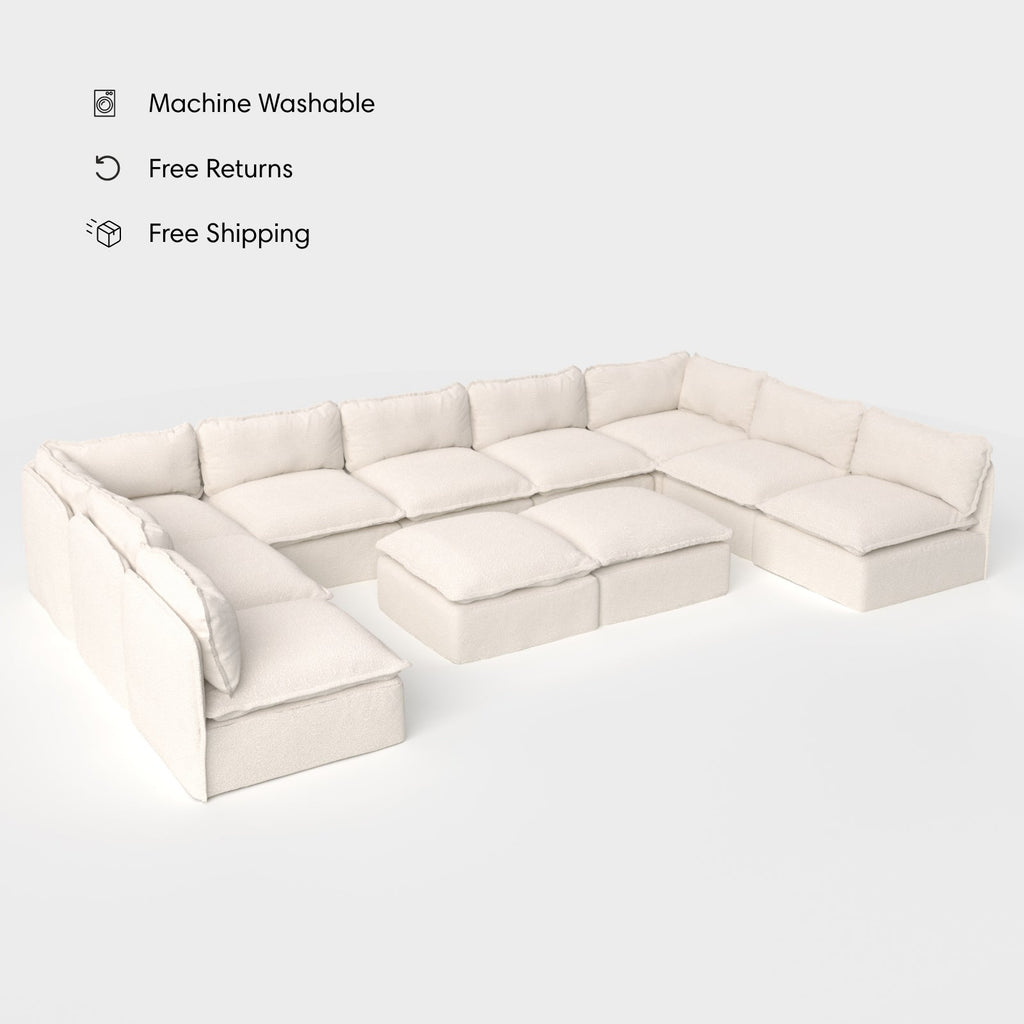 Salon d'extérieur modulable 9 places avec pieds déchaussables en forme de U + pouf ottant | Alfresco Boucle en crème, lavable