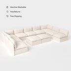 Salon d'extérieur modulable 9 places avec pieds déchaussables en forme de U + pouf ottant | Alfresco Boucle en crème, lavable