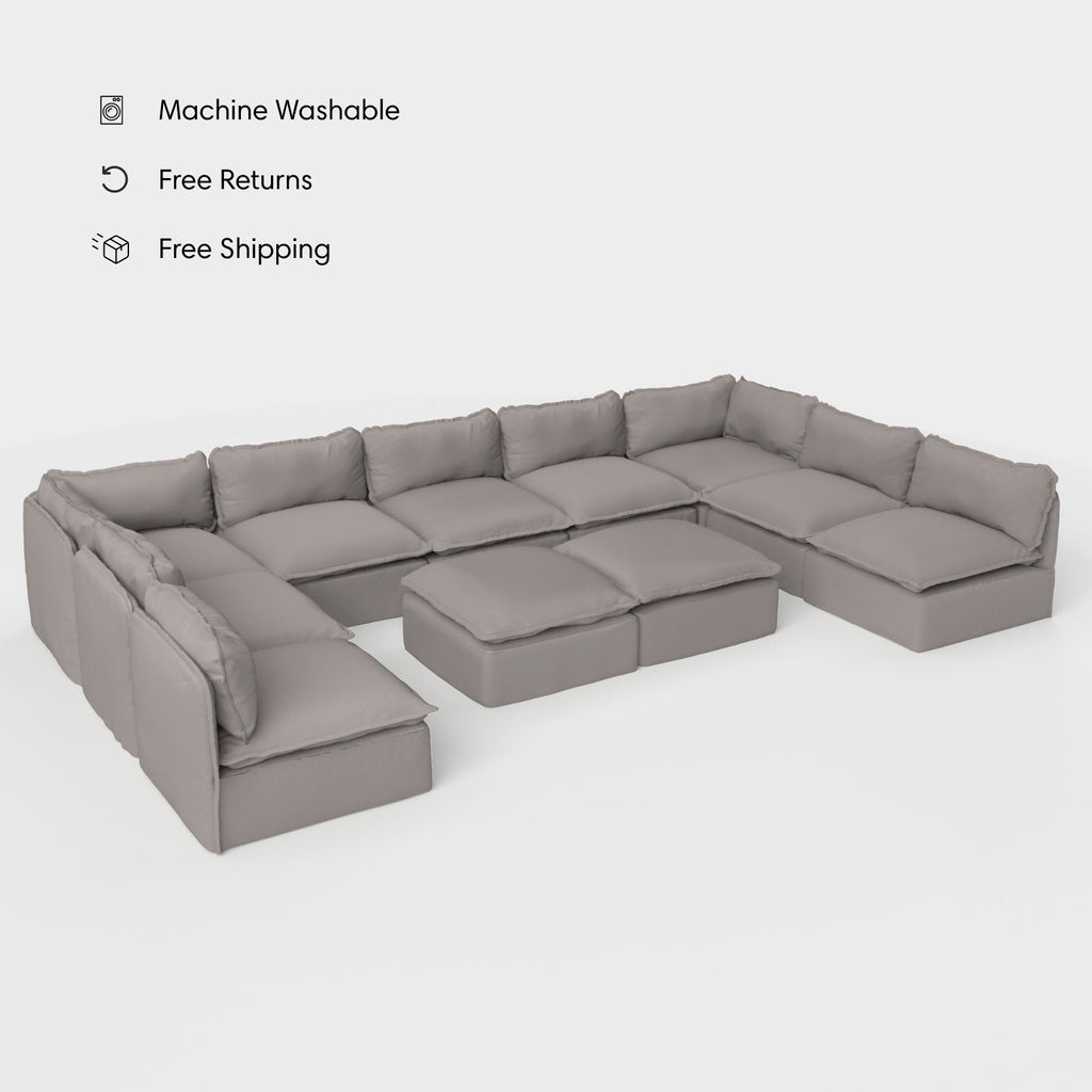 Module d'extérieur lavable, canapé d'angle U à 9 places avec pieds ouverts + pouf ottomane | Tissu Nano Slubweave gris clair
