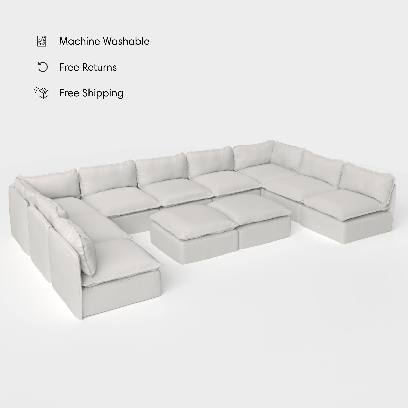 Salon d'extérieur modulable 9 places avec pieds U et pouf ottant convertible | Tissu Nano Slubweave couleur brume