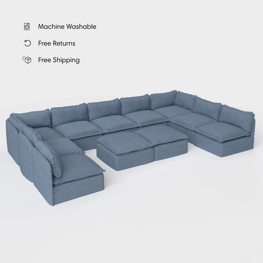 Module d'extérieur modulaire lavable, canapé U 9 places avec extrémités ouvertes + pouf ottomane | Toile classique couleur océan