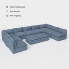Module d'extérieur modulaire lavable, canapé U 9 places avec extrémités ouvertes + pouf ottomane | Toile classique couleur océan