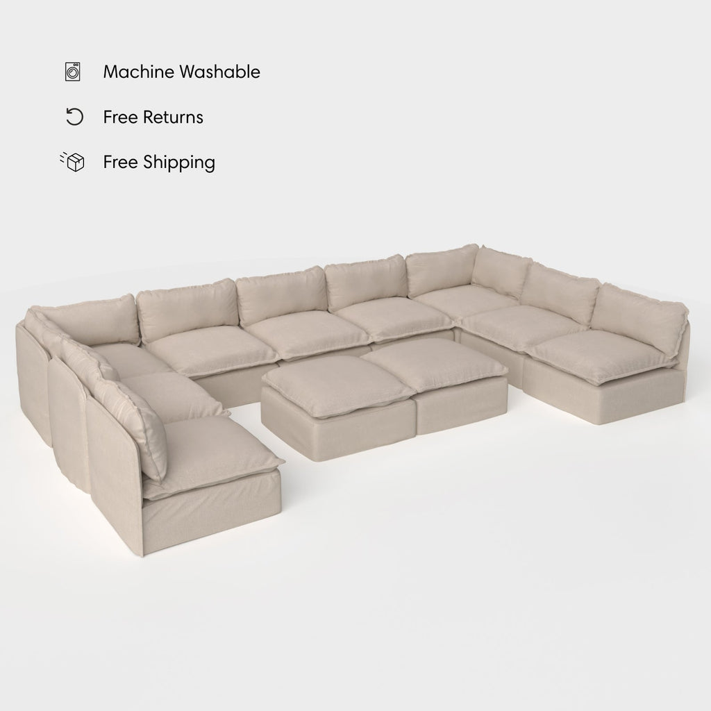 Salon modulable d'extérieur 9 places avec pieds droits et ottomane banquette, lavable | Toile classique couleur sable