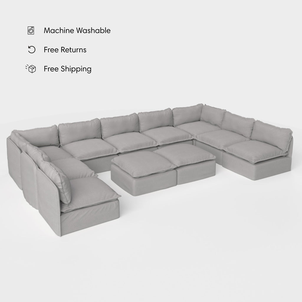 Salon modulable d'extérieur 9 places avec bouts ouverts en forme de U + pouf ottomalin lavable | Toile classique gris pierre