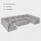 Salon modulable d'extérieur 9 places avec bouts ouverts en forme de U + pouf ottomalin lavable | Toile classique gris pierre