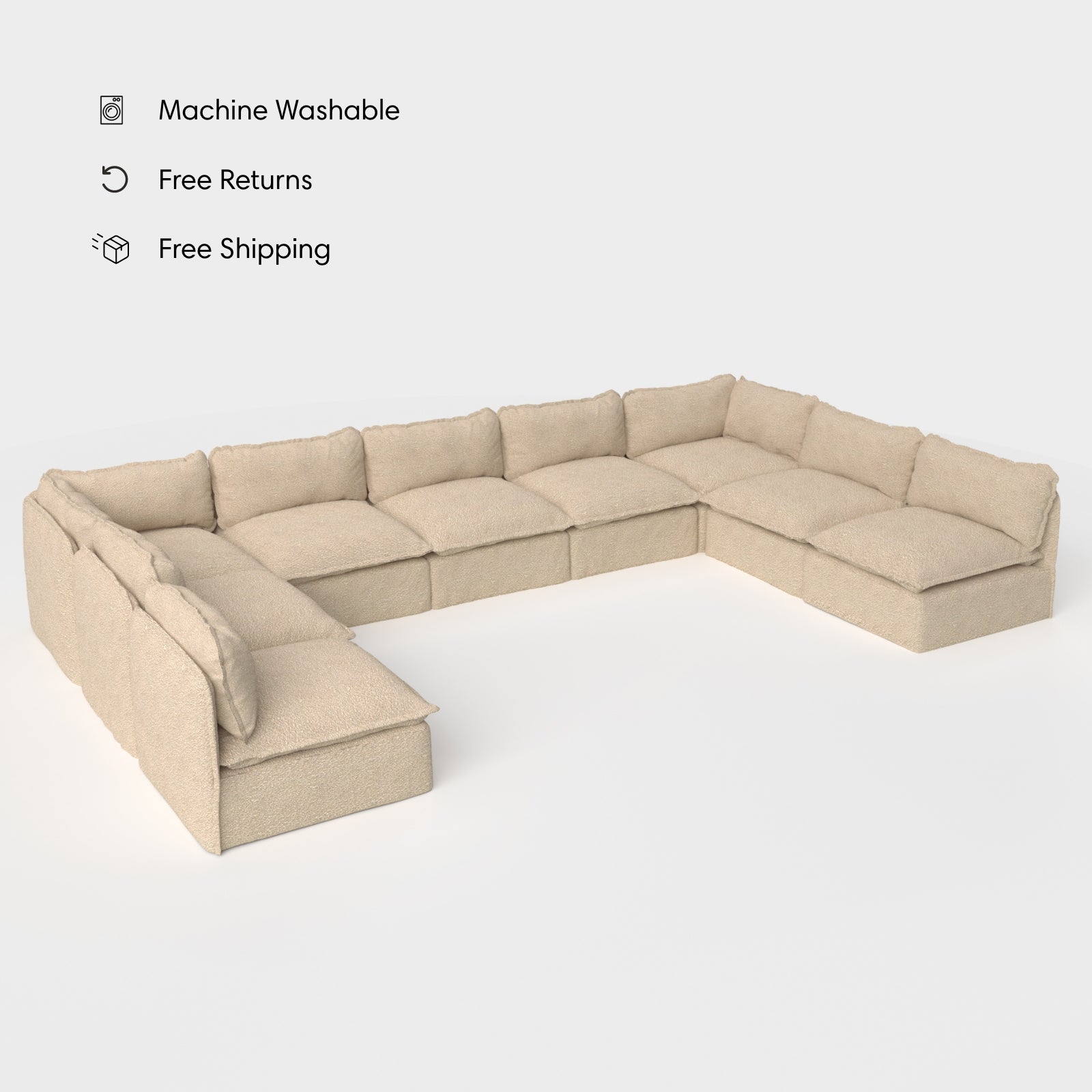 Module d'assise extérieur lavable, 9 places, ouvert sur les deux extrémités, en forme de U | Alfresco Boucle en couleur Noisette