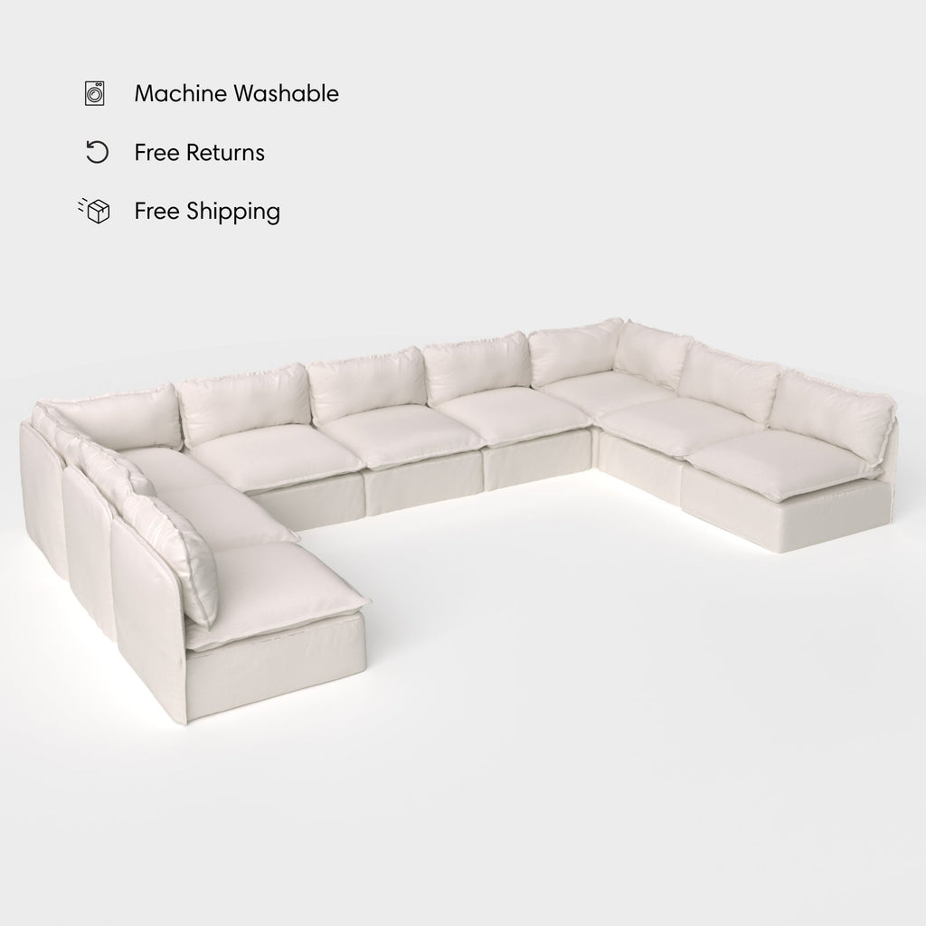 Module d'assise U extensible pour extérieur, lavable, 9 places, avec extrémités ouvertes | Tissu Nano Slubweave couleur Chai