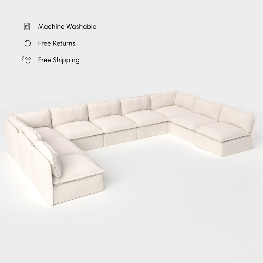 Module d'assise extérieur lavable, 9 places, en forme de U avec extrémités ouvertes | Alfresco Boucle en crème