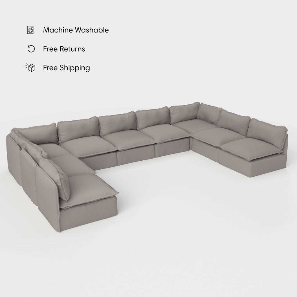 Module d'assise U extensible pour extérieur, 9 places, avec finitions ouvertes | Tissu Nano Slubweave gris fumé