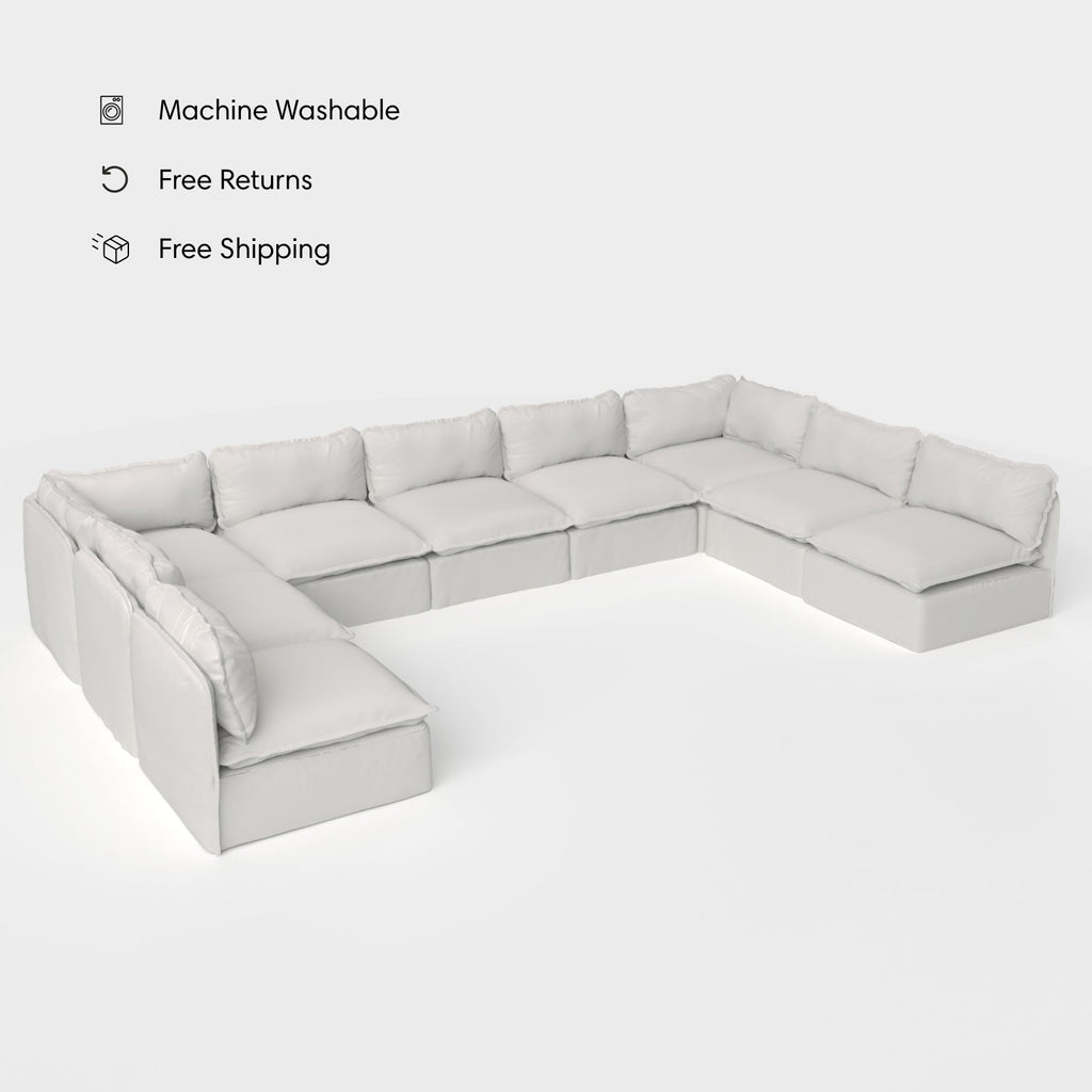 Module d'assise U extensible pour extérieur, 9 places, avec extrémités ouvertes | Tissu Nano Slubweave couleur brume