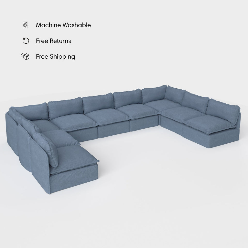 Module d'assise extérieur modulable et lavable, 9 places, ouvert sur les deux côtés, en forme de U | Toile classique couleur océan