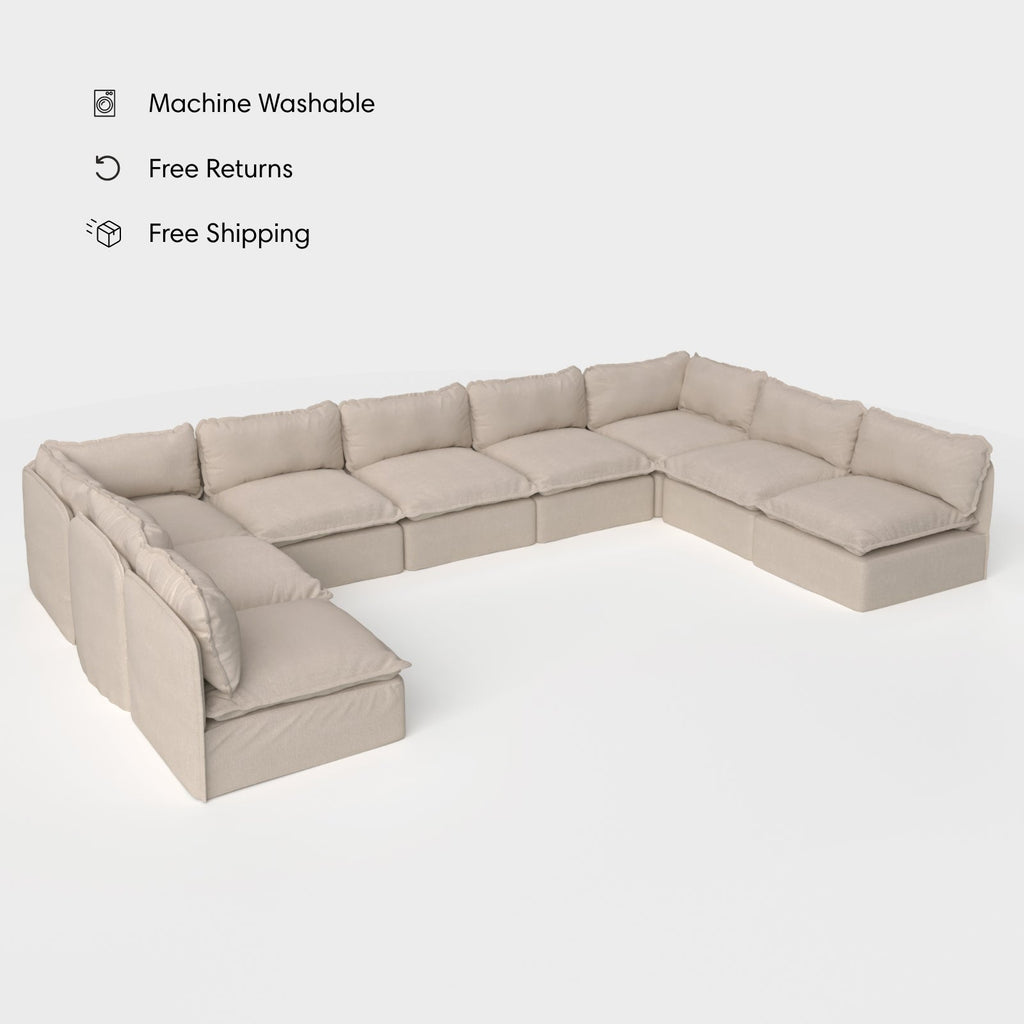 Sectionnel U modulaire d'extérieur lavable à 9 places avec extrémités ouvertes | Toile classique couleur sable