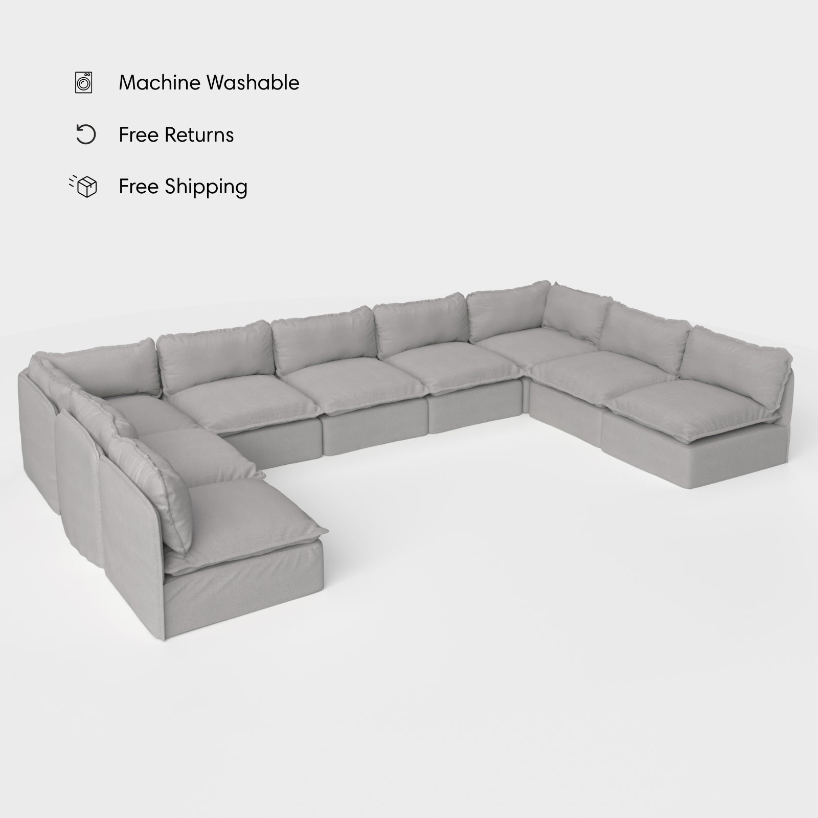 Section U modulaire d'extérieur lavable à 9 places avec extrémités ouvertes | Toile classique en gris pierre