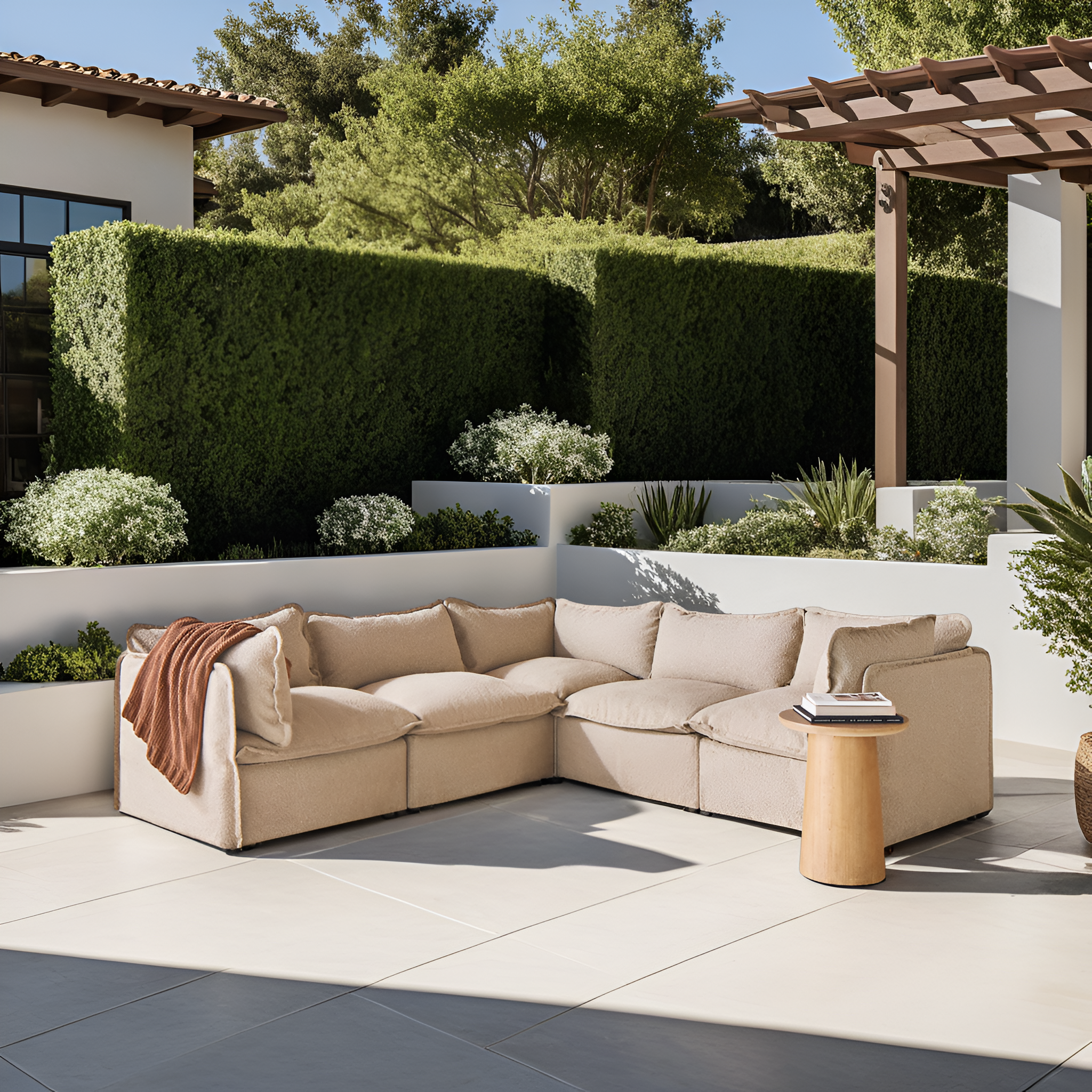 Sectional U-Shape 8 Places Extérieur Modulaire avec Pieds Ouverts et Pouf Lavables | Alfresco Boucle en Noisette