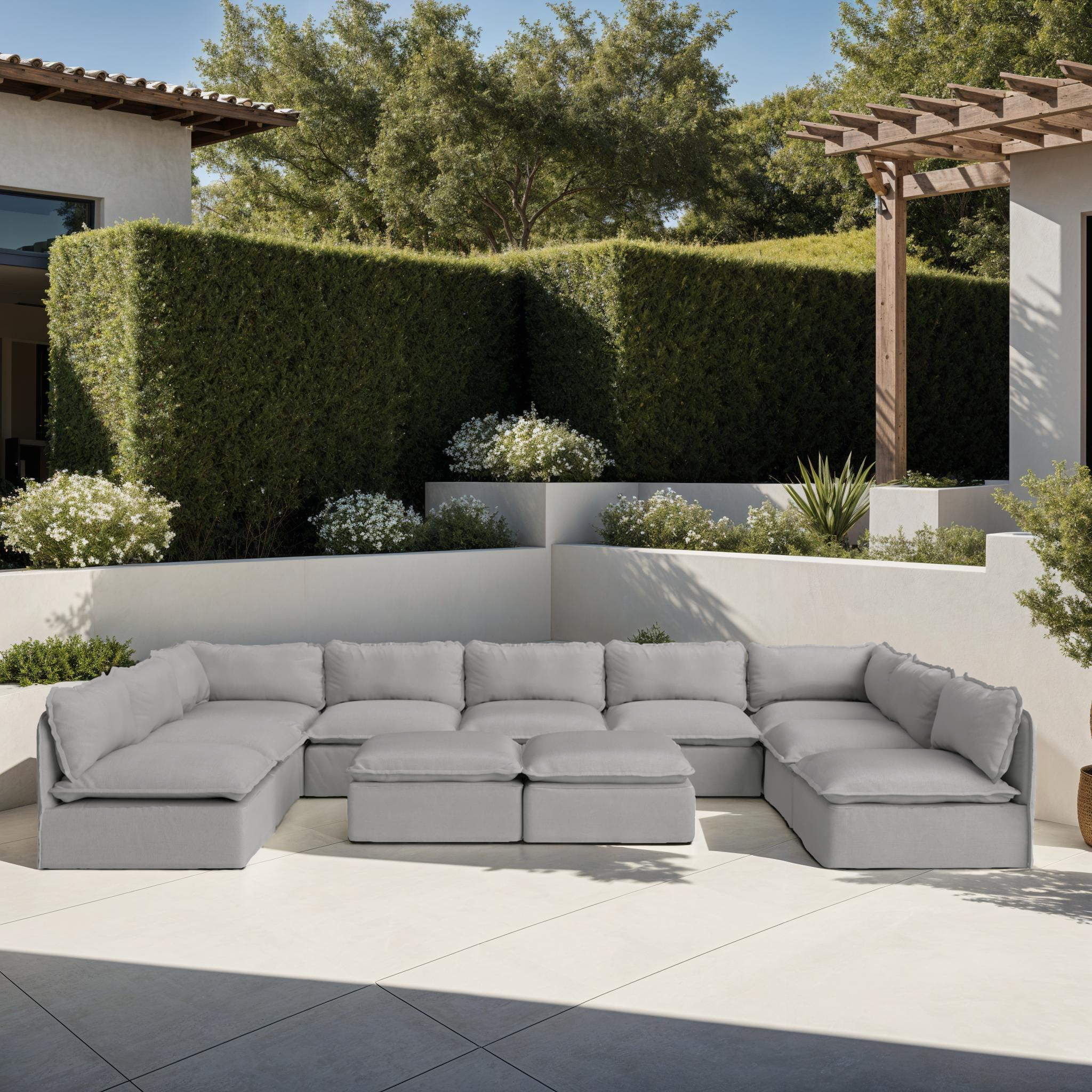 Section U modulaire d'extérieur lavable à 9 places avec extrémités ouvertes | Toile classique en gris pierre