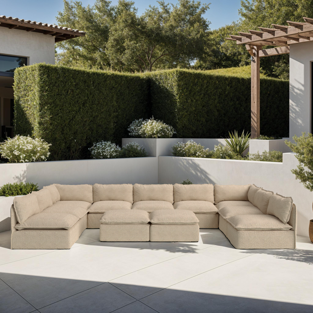 Sectional U-Shape 8 Places Extérieur Modulaire avec Pieds Ouverts et Pouf Lavables | Alfresco Boucle en Noisette