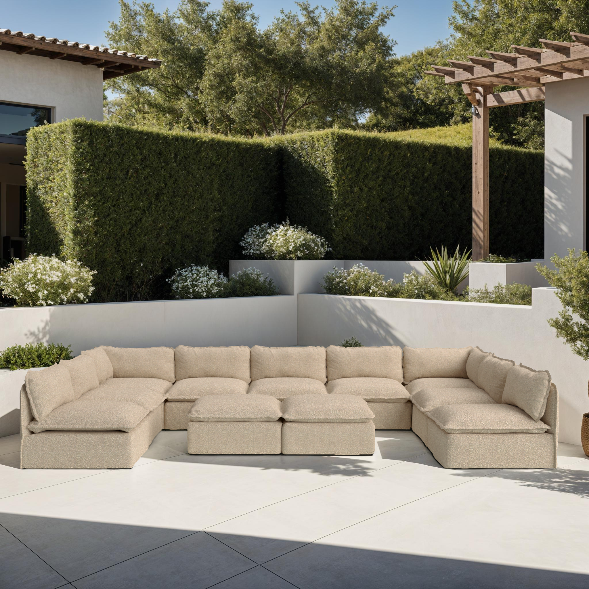 Sectional U-Shape 8 Places Extérieur Modulaire avec Pieds Ouverts et Pouf Lavables | Alfresco Boucle en Noisette