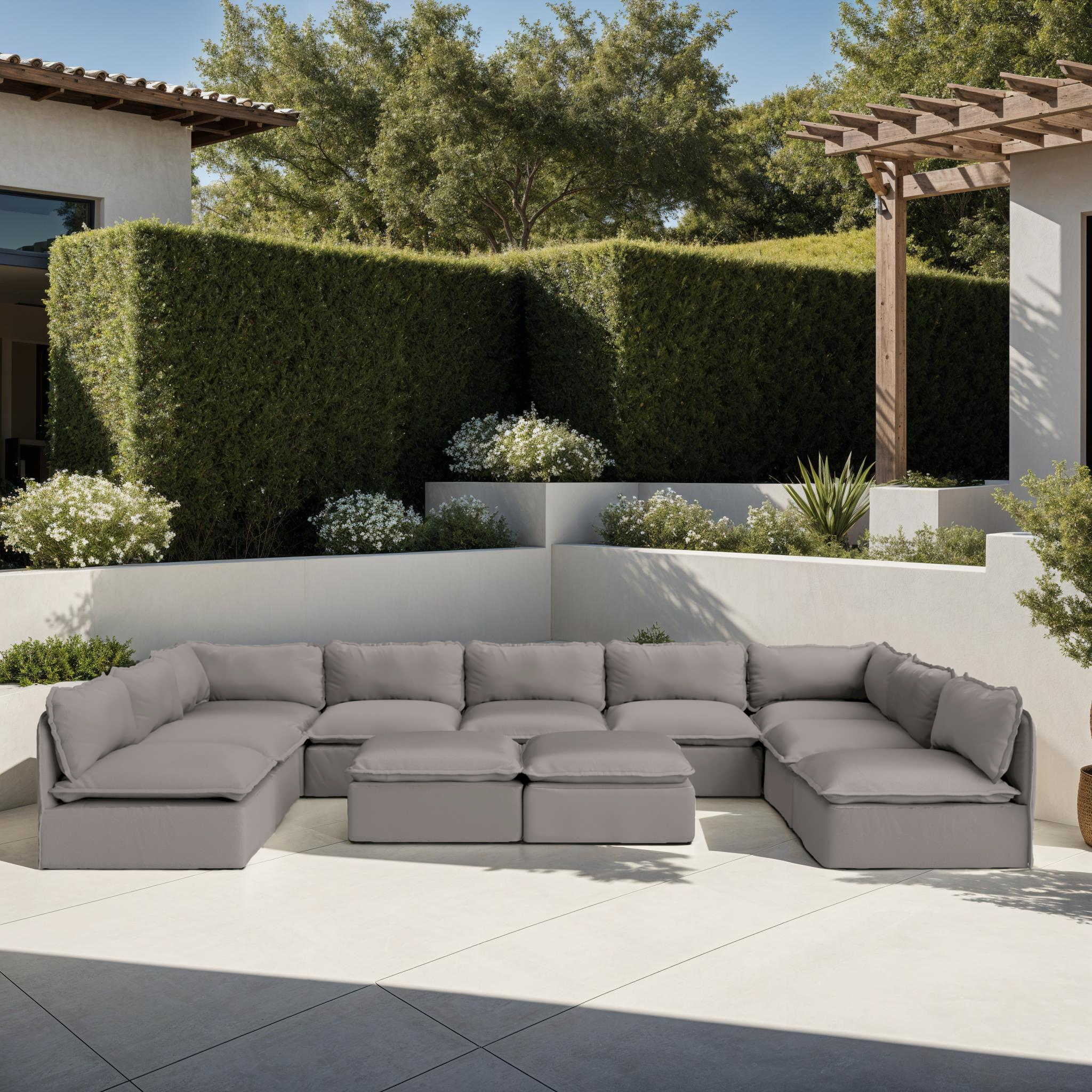 Sectional modulable d'extérieur lavable à 8 places avec extrémités ouvertes en forme de U | Tissu Nano Slubweave gris perle